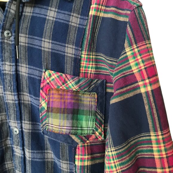 Oversized Patchwork Hoodie, Size M-L: Funky Button-Down Flannel Shirt Jacket - Picture 5 of 10